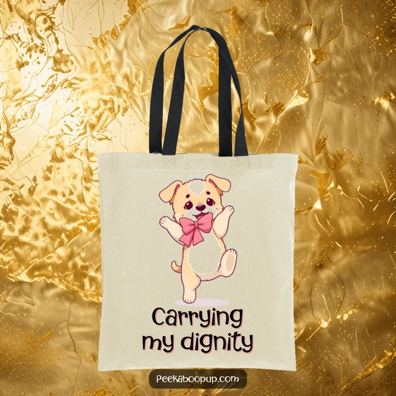 Funny tote bag showing a puppy with a fluffy bow, mid-somersault in a comically clumsy manner.