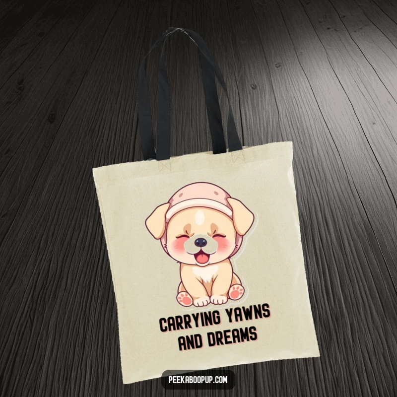 Funny tote bag showcasing a charmingly sleepy puppy wearing a small velvet hat, caught in a big yawn.