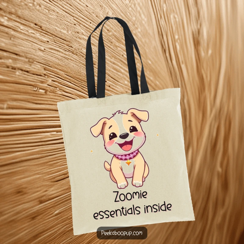 Funny tote bag showing a happy puppy with a sparkly collar, running wildly in a joyful zoomie.